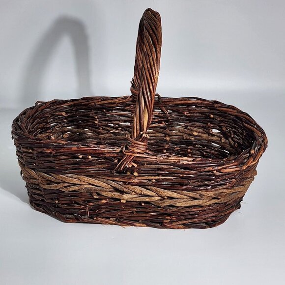 VTG Large Woven Rattan Twig Stick Gathering Basket with Handle Two Toned Brown - Picture 1 of 12